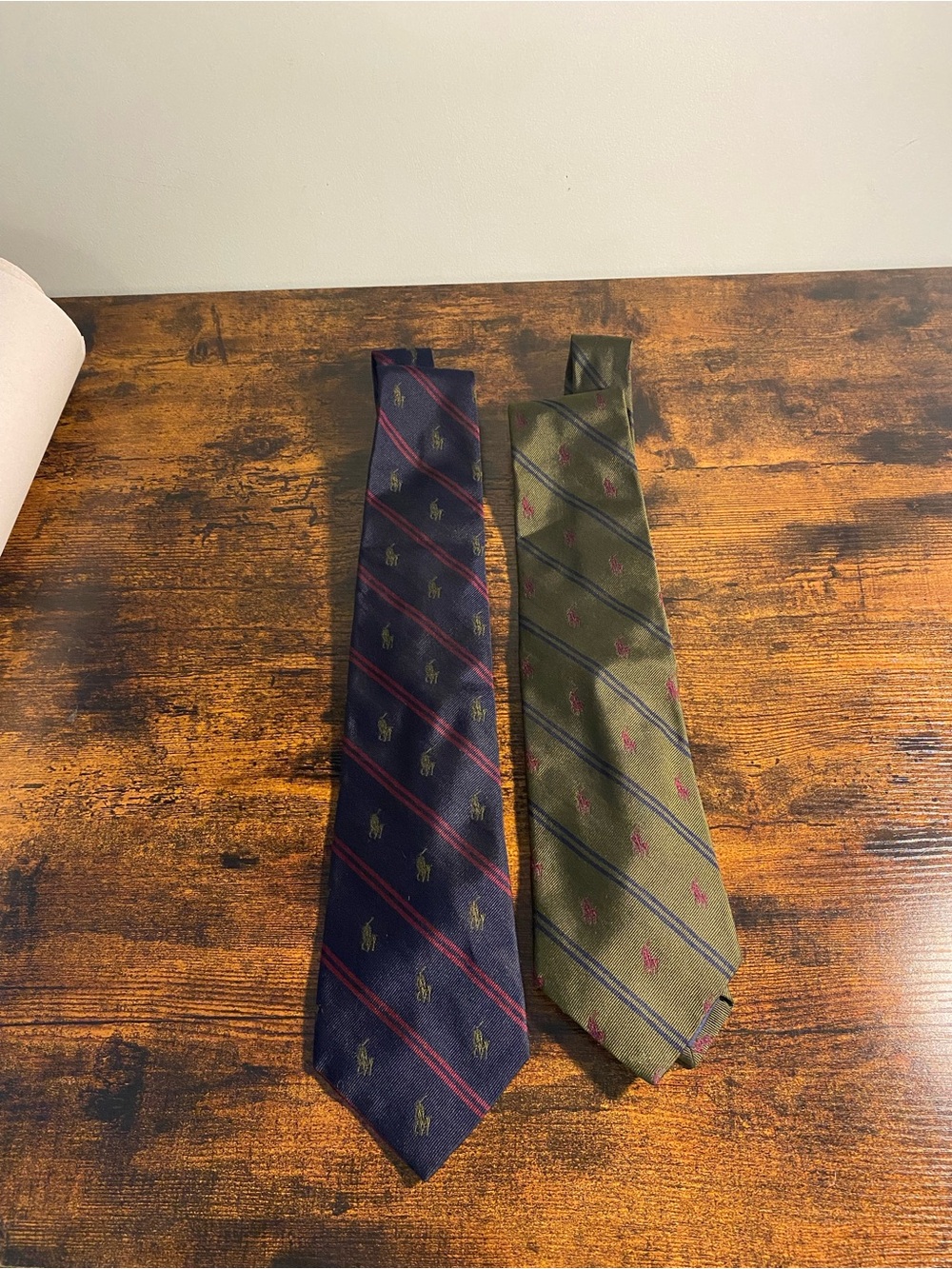 Two Ralph Lauren Navy Blue and Olive Green Diagonal Stripe Polo Ties